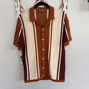 Paul Jones Short Sleeve Retro Knit Stripe Lapel Collar Polo Shirt Size Small
